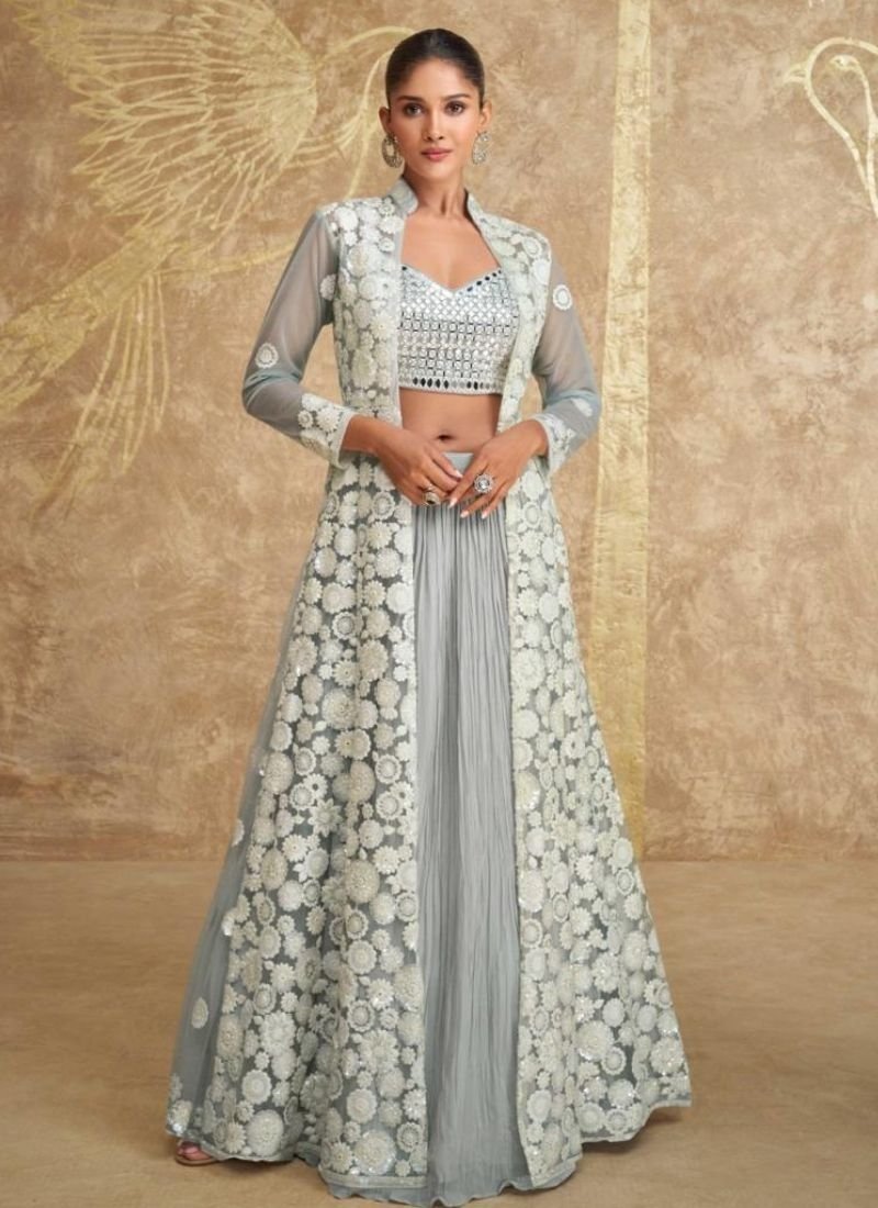 Exquisite embroidered real georgette crop top with long shrug in grey