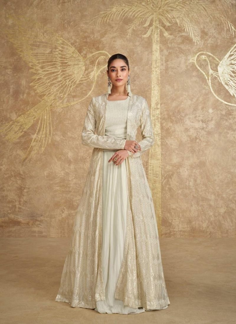 Exquisite embroidered real georgette crop top with long shrug in cream