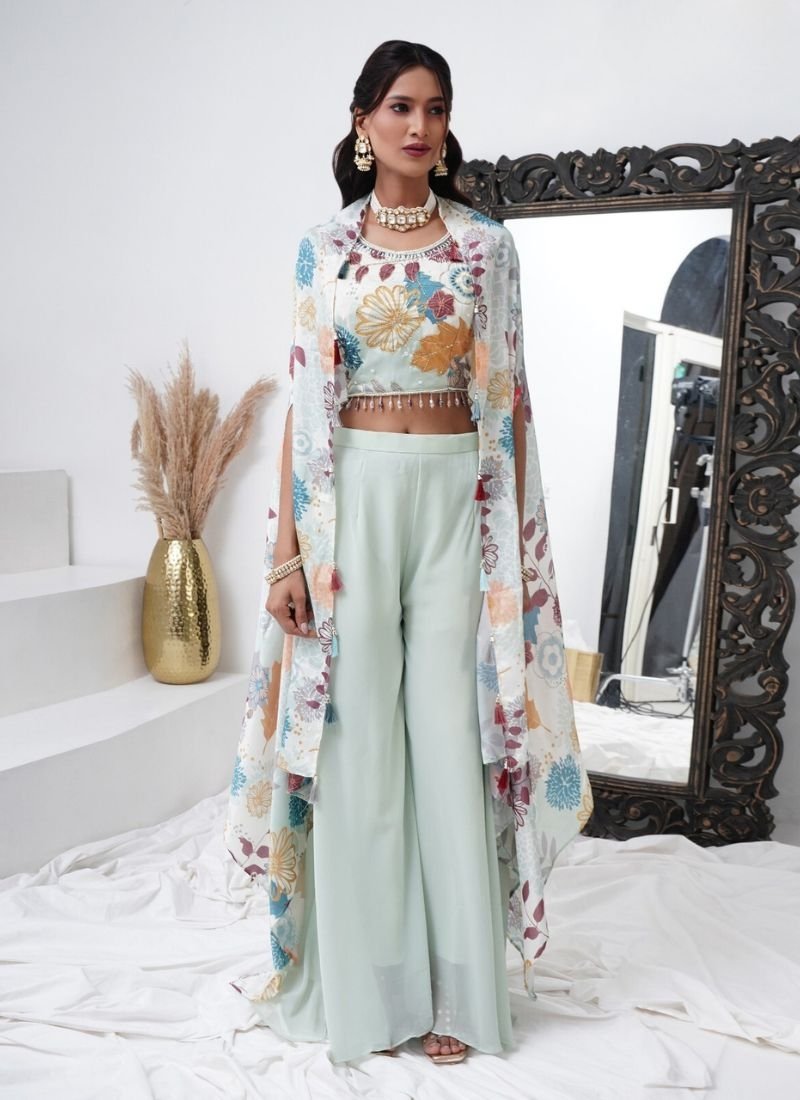 Trendy floral printed georgette crop top with shrug in sky blue