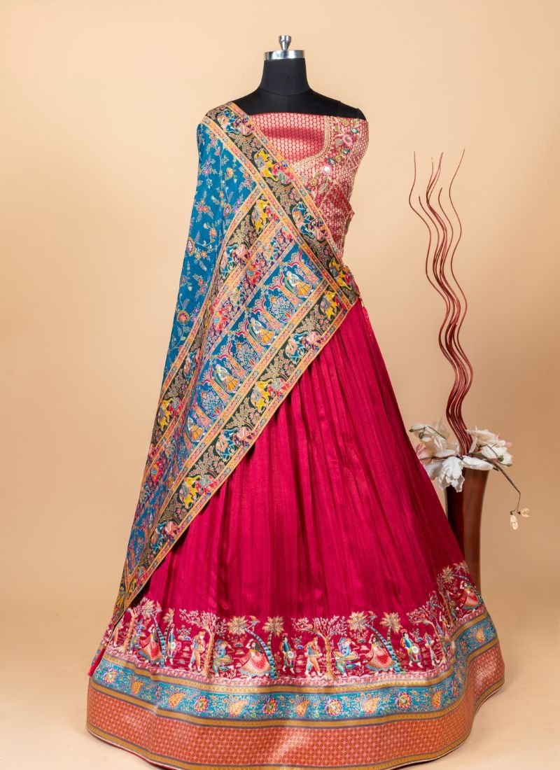 Designer heavy embroidered viscose silk lehenga in red