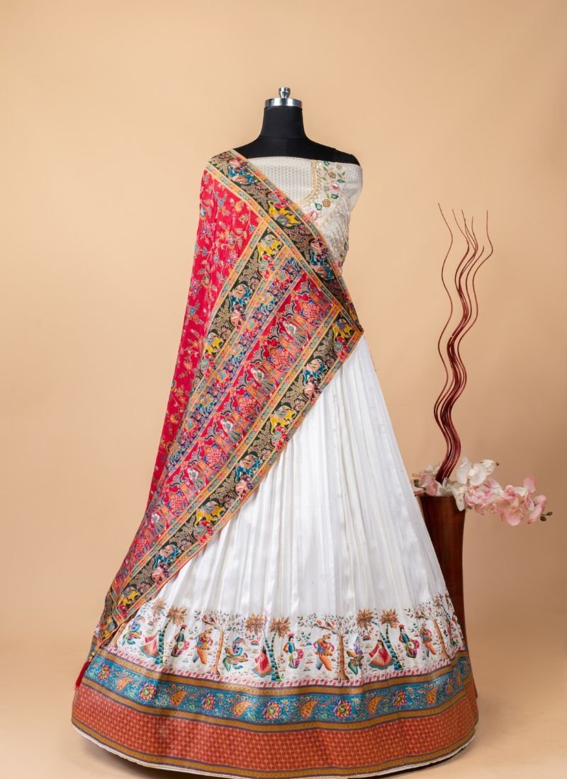 Designer heavy embroidered viscose silk lehenga in white