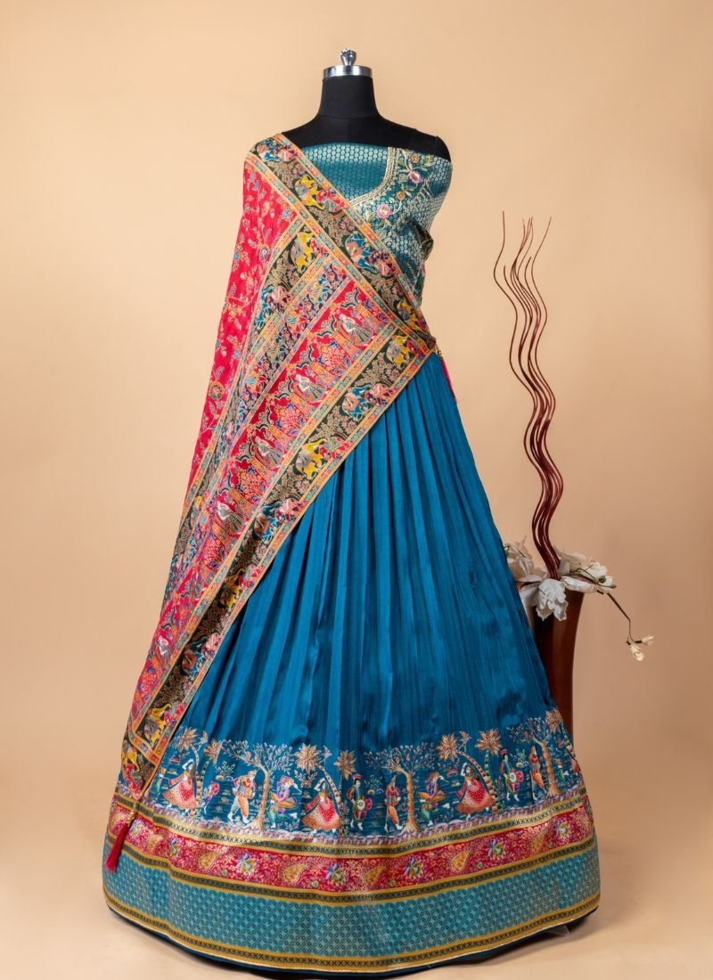 Designer heavy embroidered viscose silk lehenga in royal blue