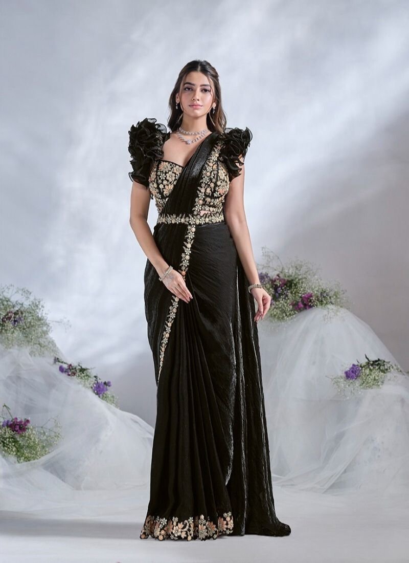 Designer thread and stone embroidered silk saree in black