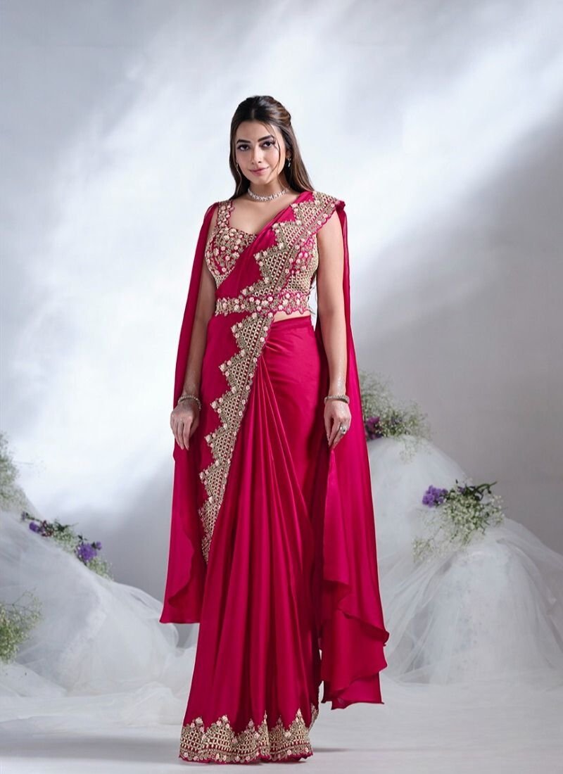 Designer thread and stone embroidered silk saree in red