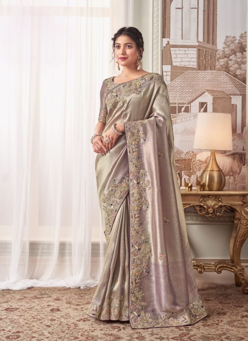 Beautiful embroidered organza silk saree in grey