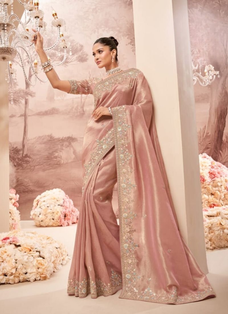 Beautiful embroidered organza silk saree in nude pink