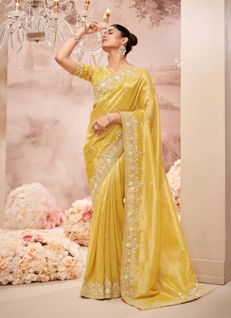 Beautiful embroidered organza silk saree in yellow