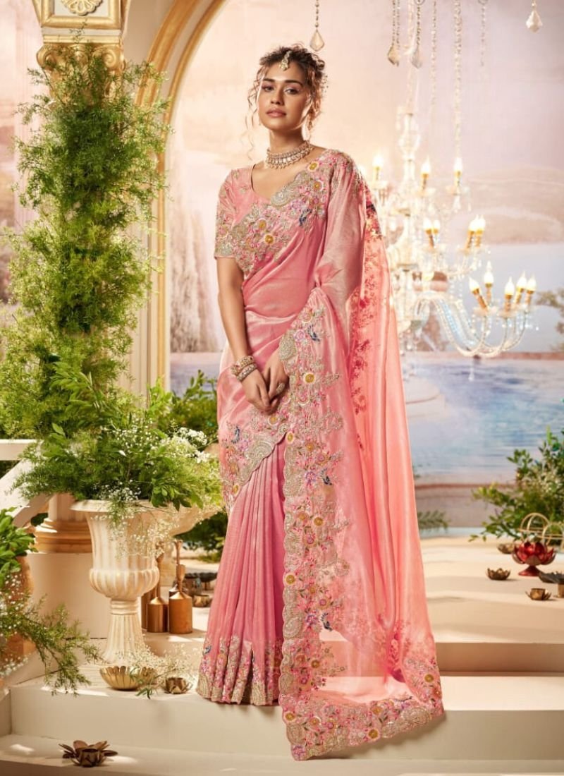 Beautiful embroidered organza silk saree in baby pink