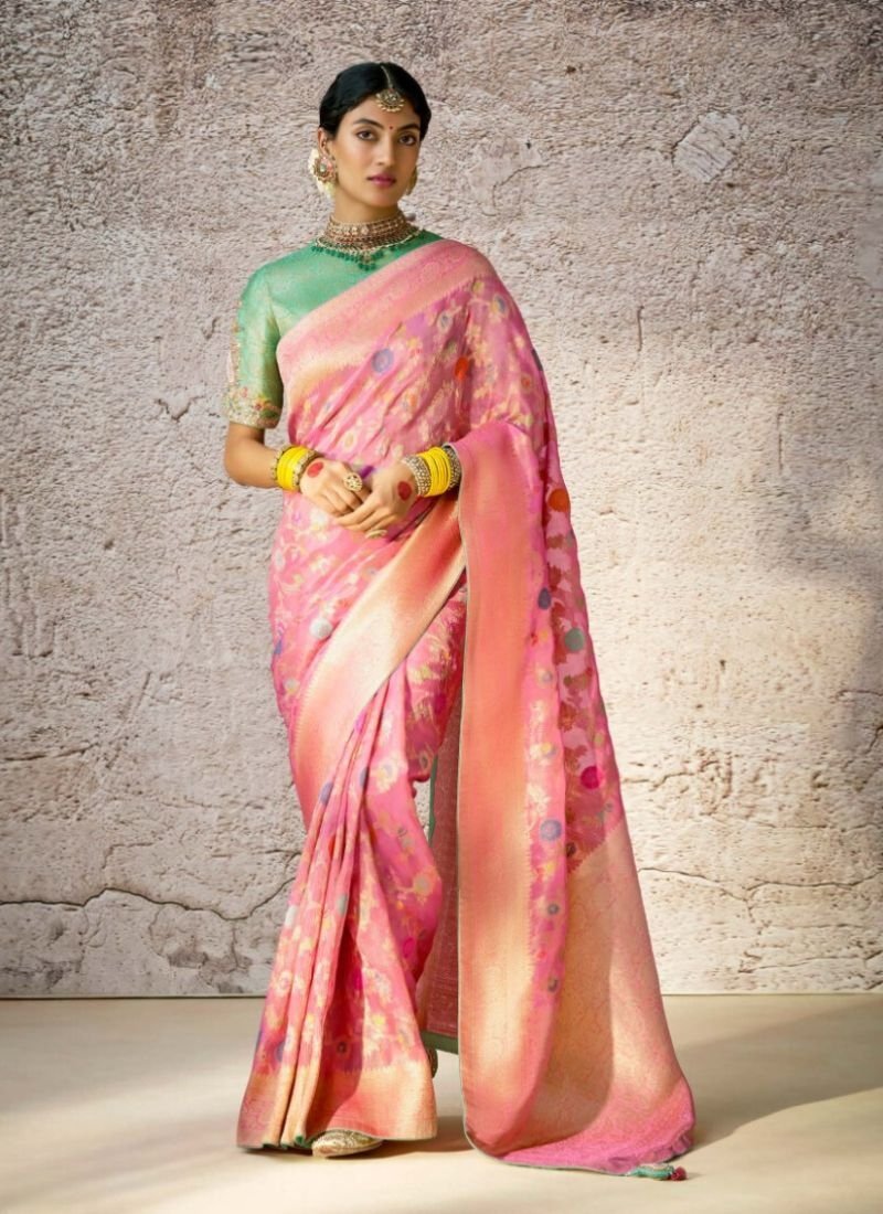 Stunning embroidered banarasi silk saree in baby pink