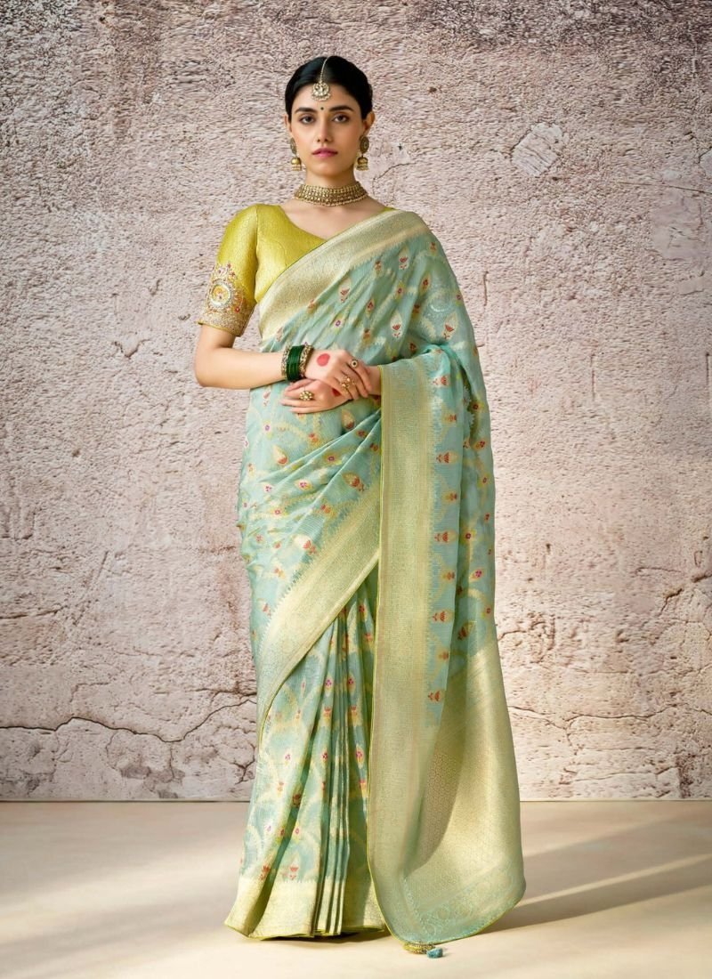 Stunning embroidered banarasi silk saree in green