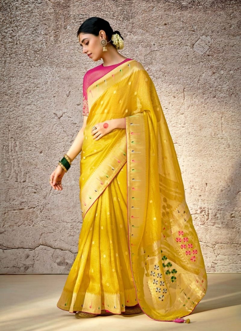 Stunning embroidered banarasi silk saree in yellow