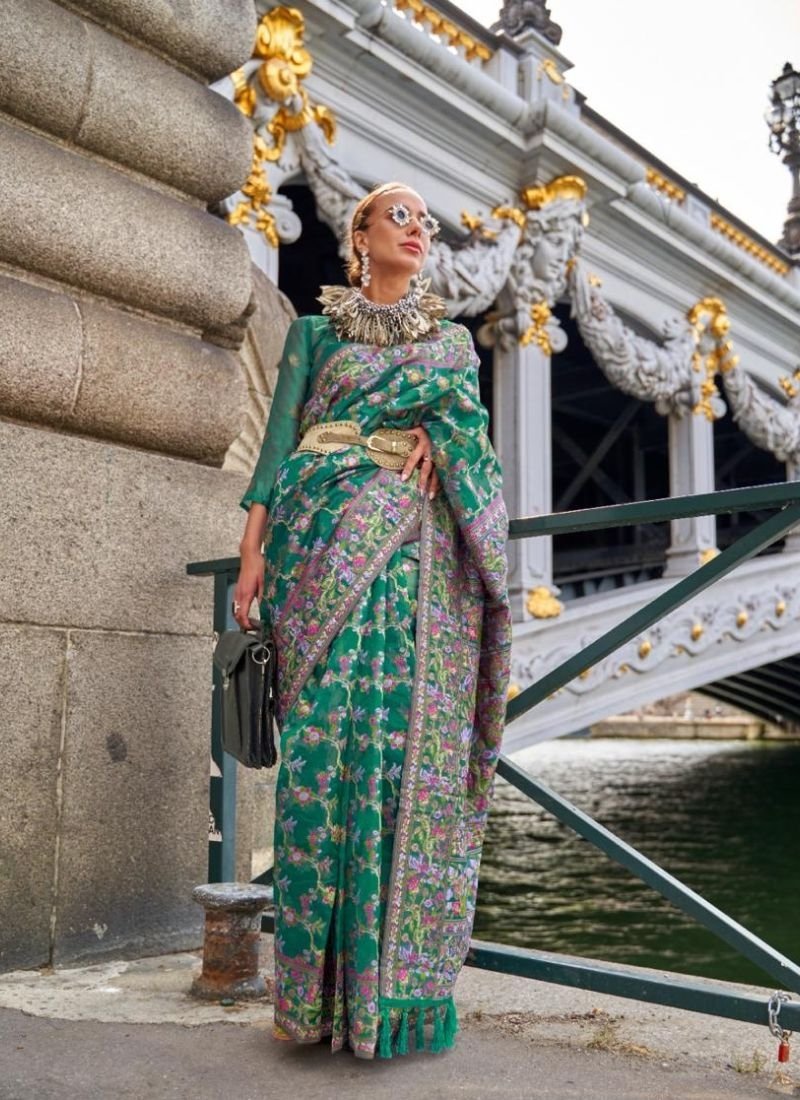 Exquisite designer handloom organza weaving silk saree in dark green