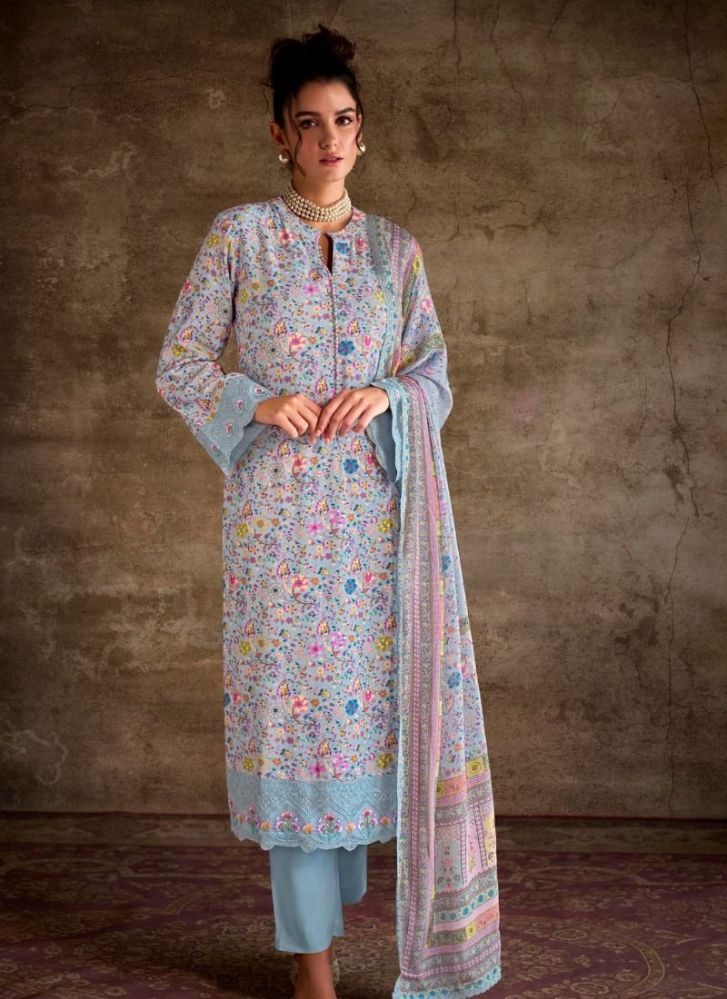 Designer Kashmiri embroidered pure pashmina pant suit in blue