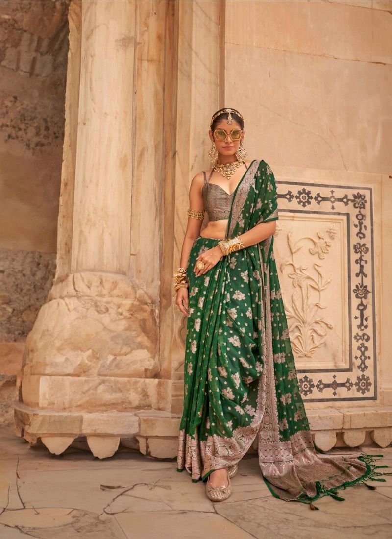 Beautiful hand weaved georgette saree in dark green