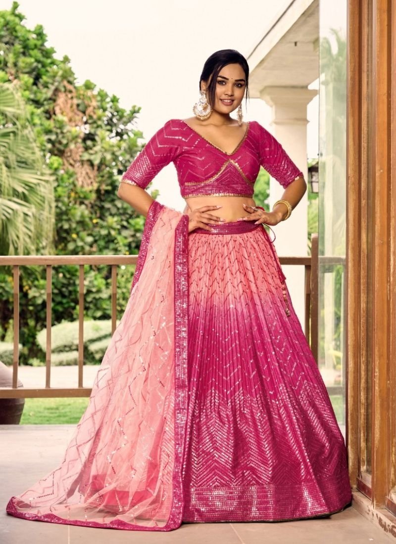 Designer embroidered Chinon lehenga in pink