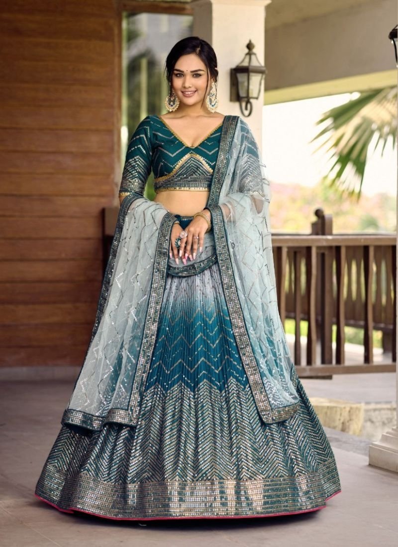 Designer embroidered Chinon lehenga in blue