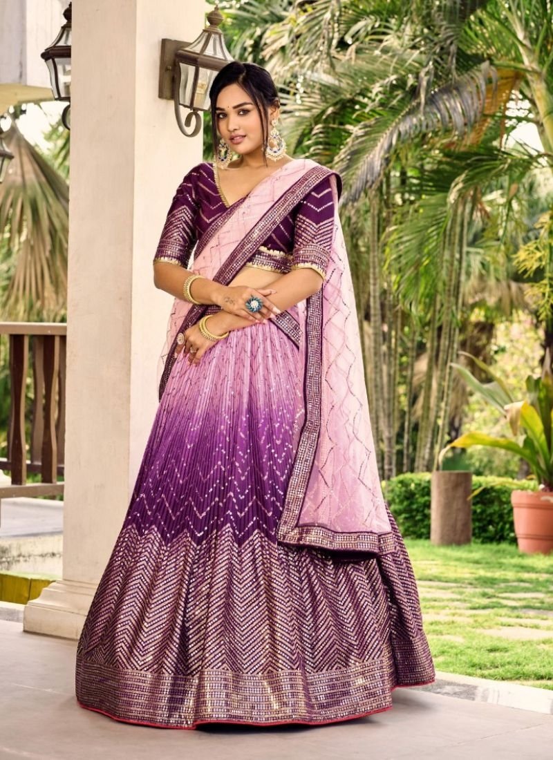 Designer embroidered Chinon lehenga in purple