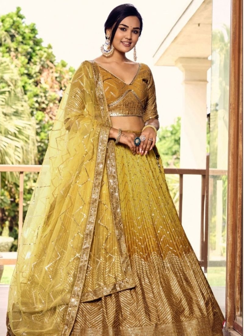 Designer embroidered Chinon lehenga in yellow