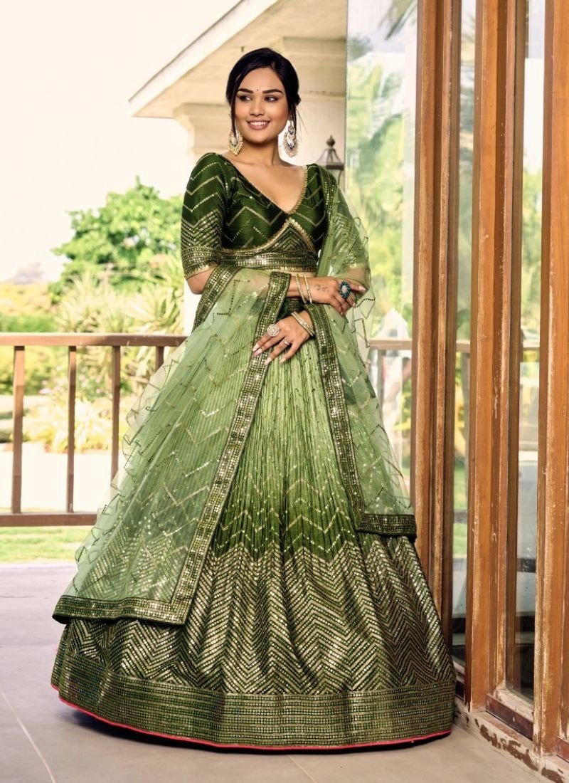 Designer embroidered Chinon lehenga in green