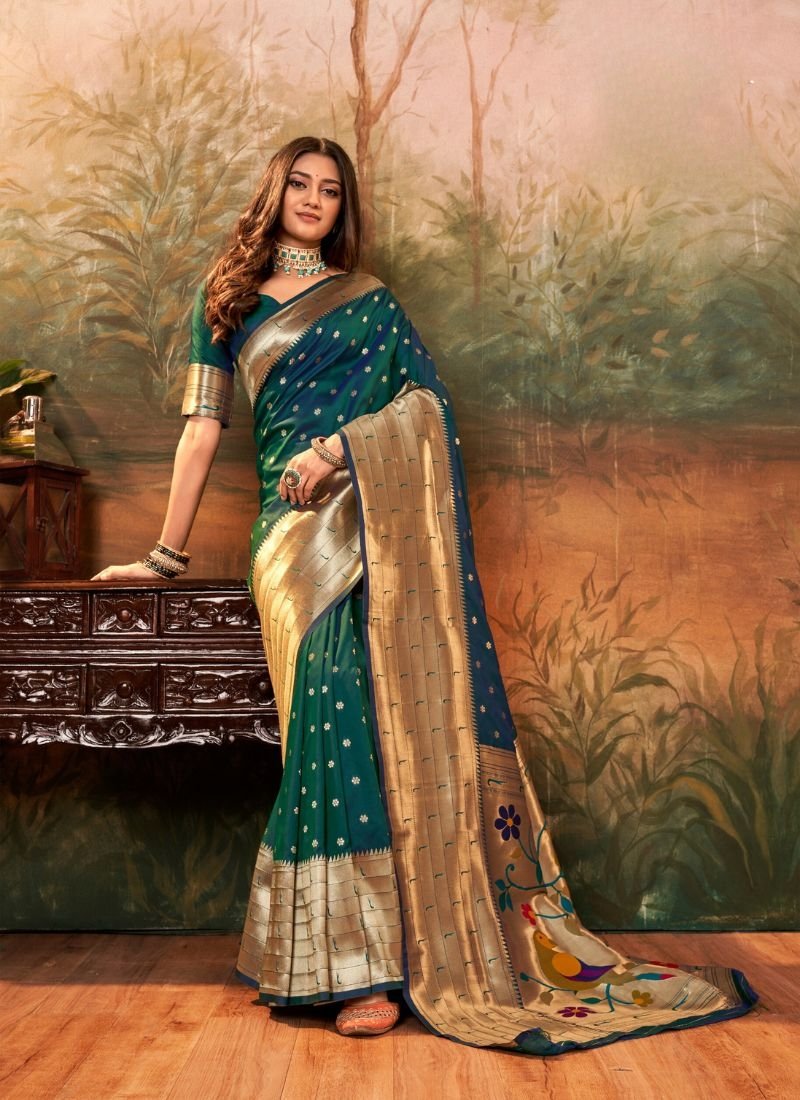 Exquisite woven pattern paithani silk saree in dark green