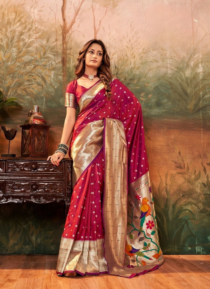 Exquisite woven pattern paithani silk saree in maroon