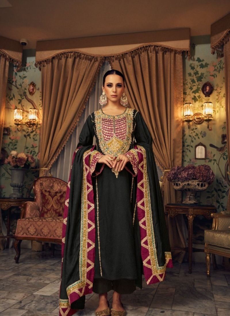 Designer embroidered pashmina palazzo suit in black