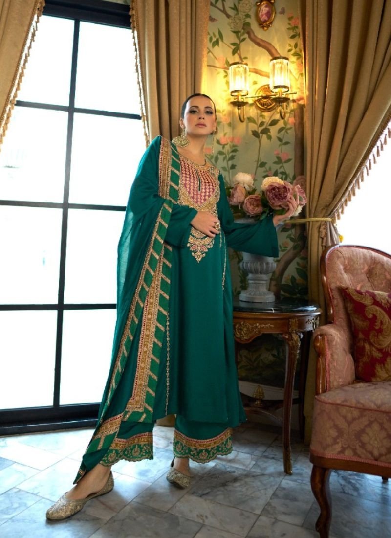 Designer embroidered pashmina palazzo suit in dark green