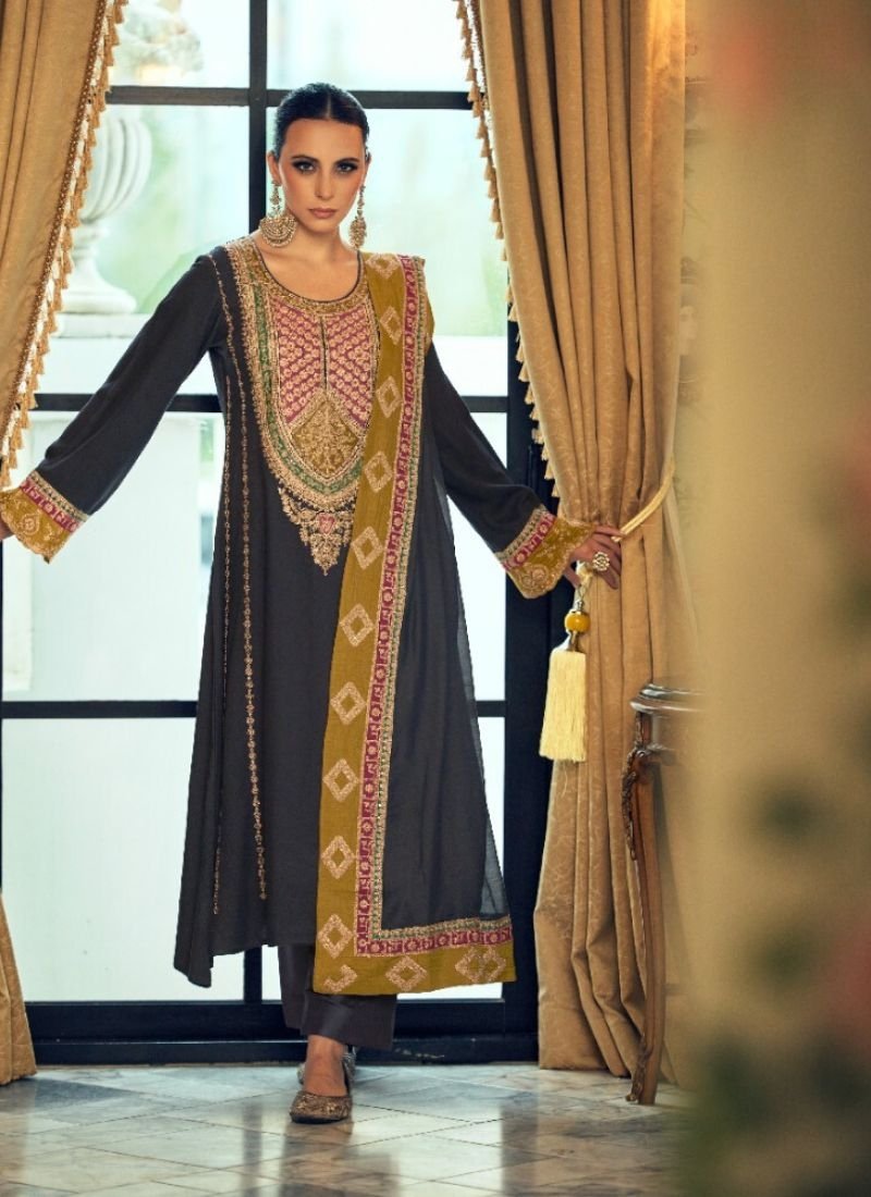 Designer embroidered pashmina palazzo suit in grey