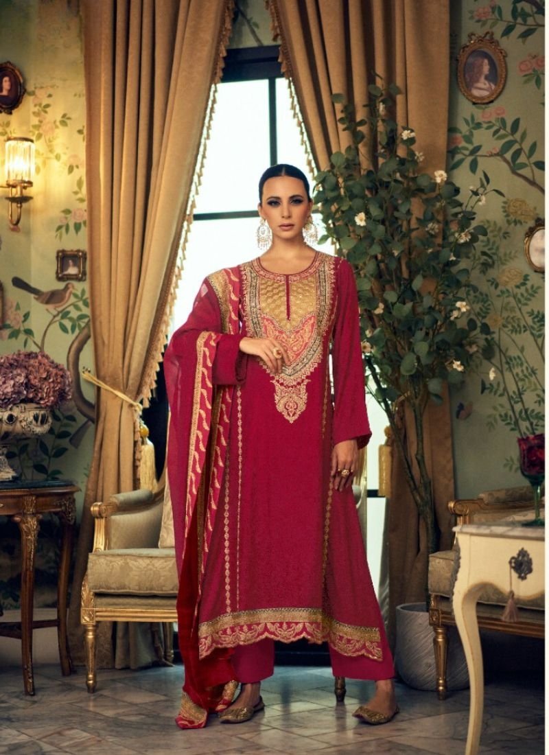 Designer embroidered pashmina palazzo suit in red