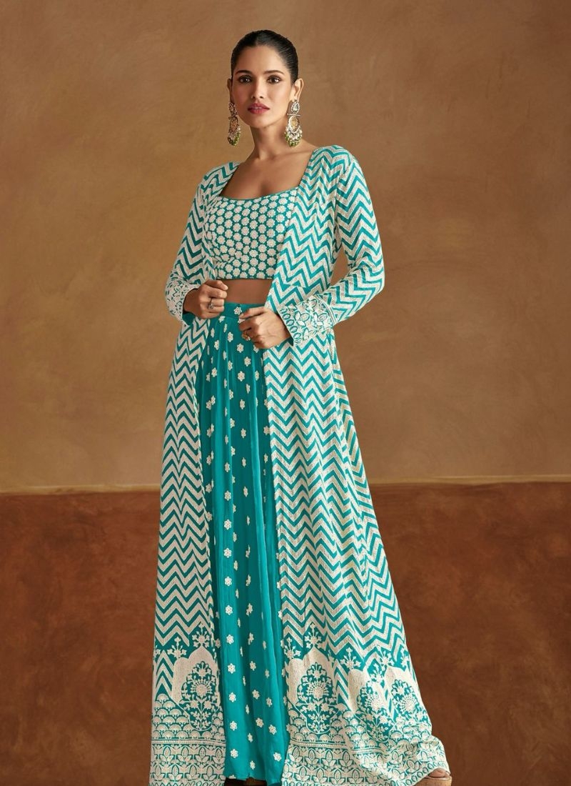 Beautifully hand embroidered georgette crop top with long shrug in blue