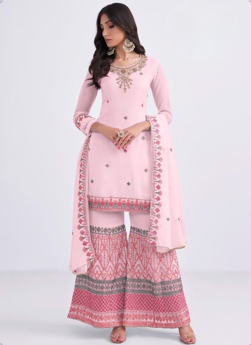 Heavy embroidered georgette sharara suit in pink