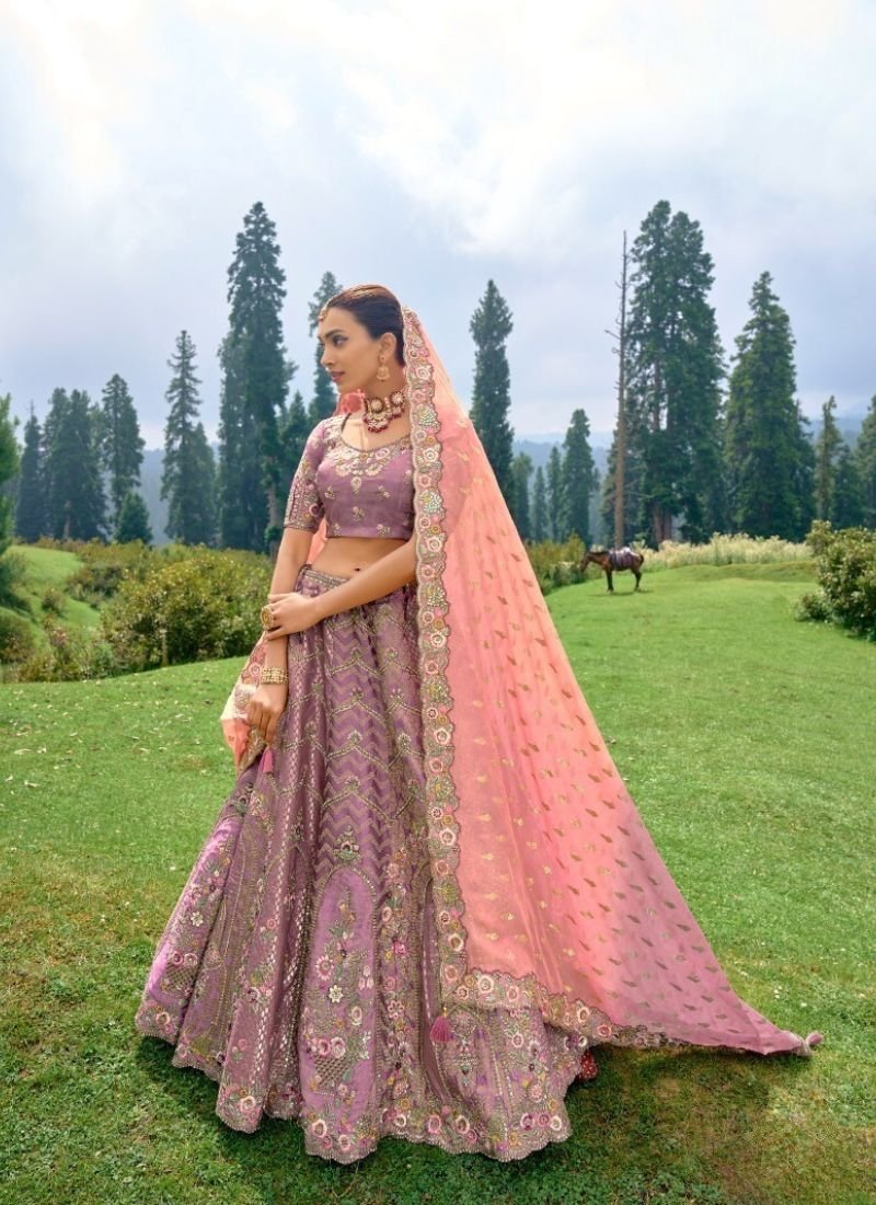 Stunning jacquard embroidered silk lehenga in purple