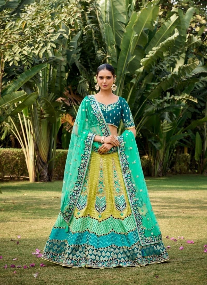 Stunning jacquard embroidered silk lehenga in green