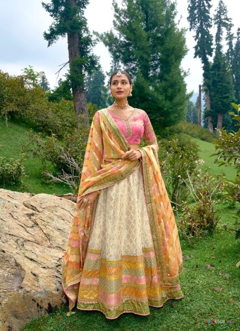 Stunning jacquard embroidered silk lehenga in yellow