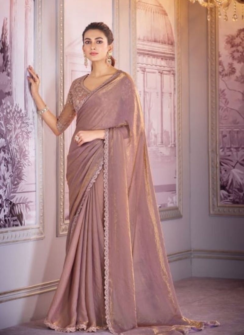 Exquisite embroidered satin organza saree in peach