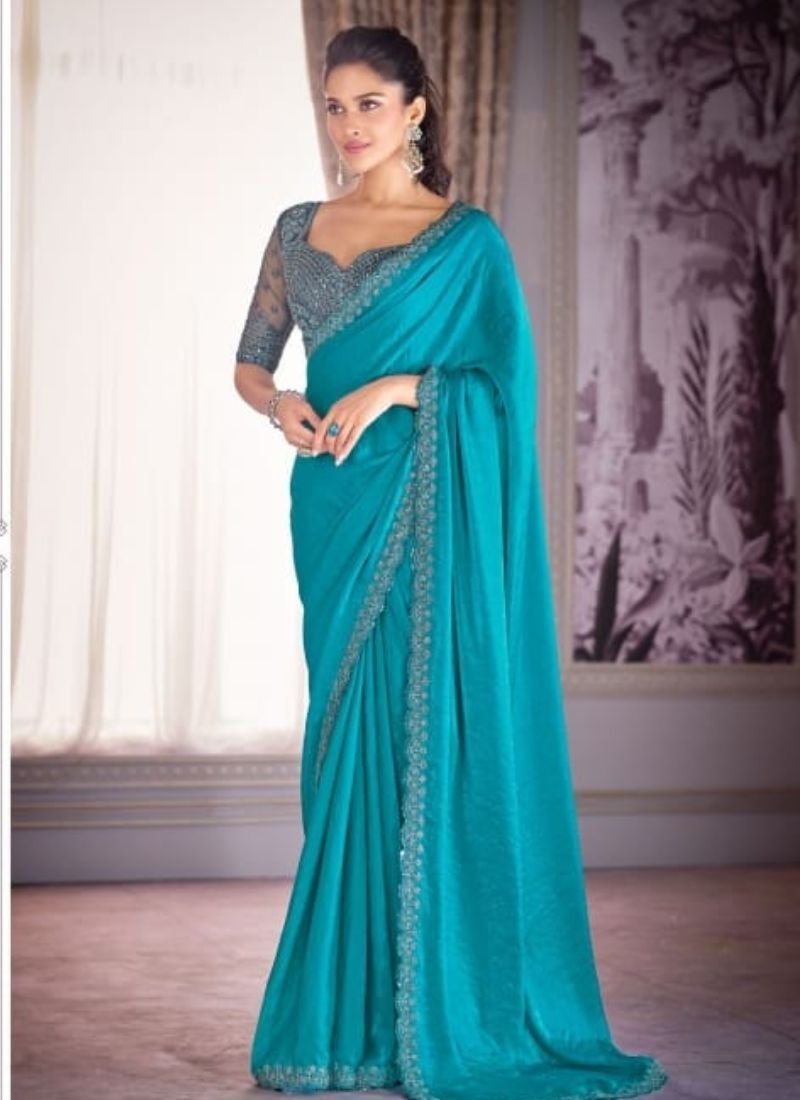 Exquisite embroidered satin organza saree in blue