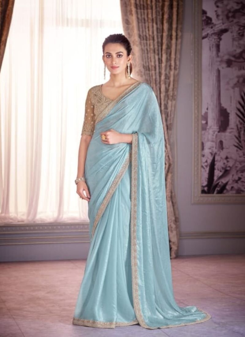 Exquisite embroidered satin organza saree in light blue