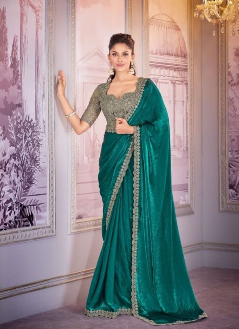 Exquisite embroidered satin organza saree in dark green