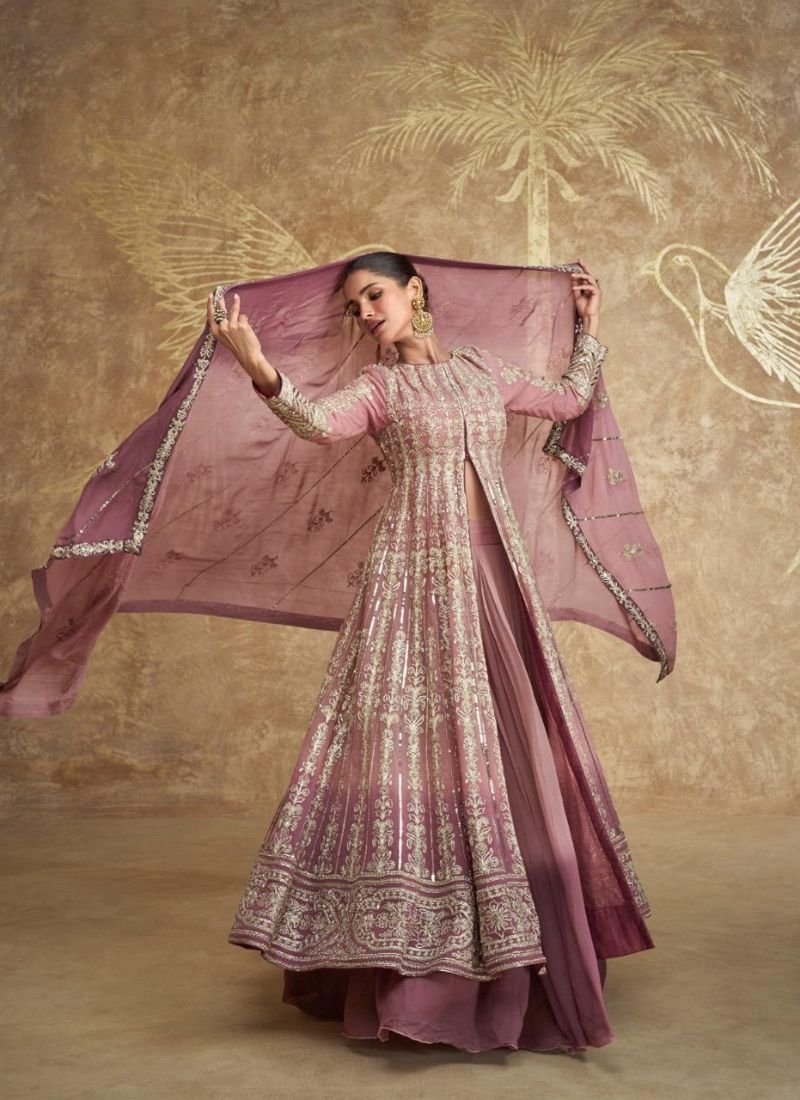 Stunning heavy embroidered georgette anarkali suit in pink