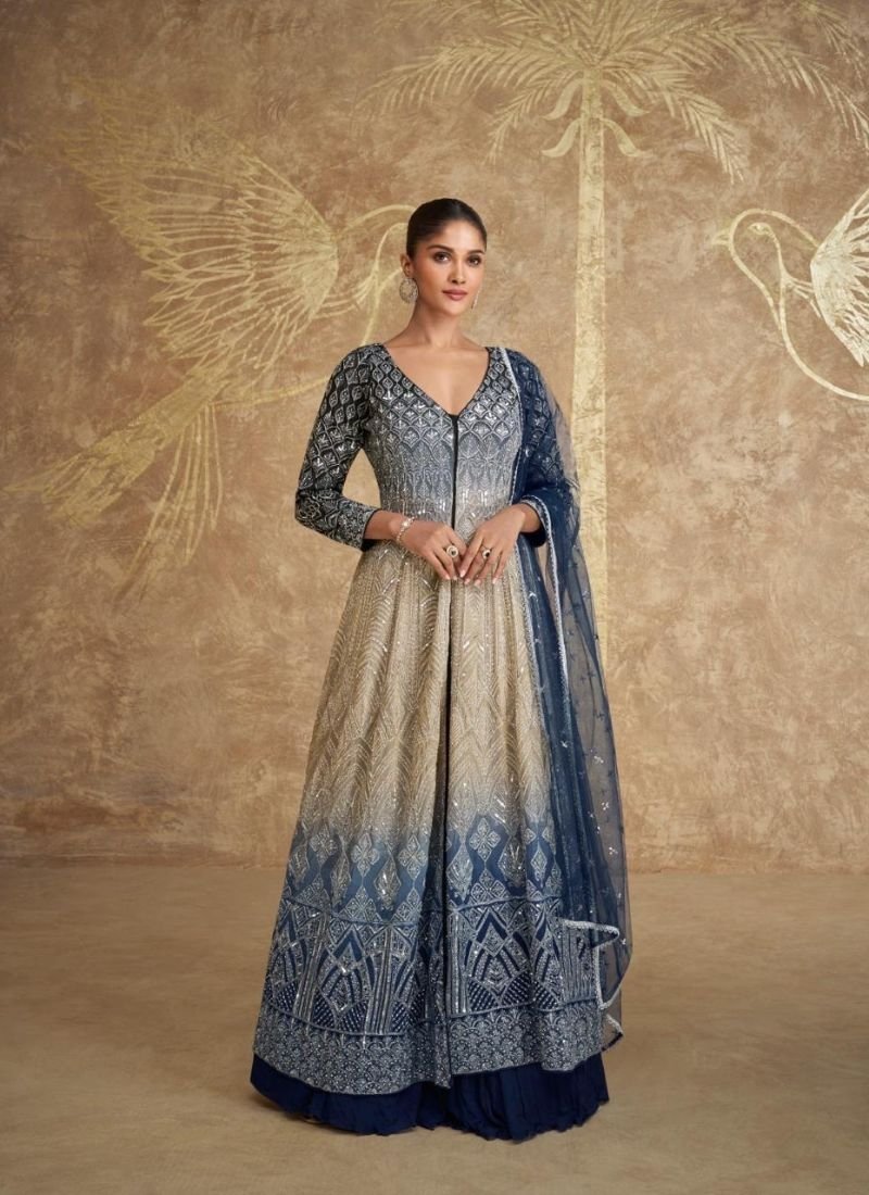 Stunning heavy embroidered georgette anarkali suit in dark blue