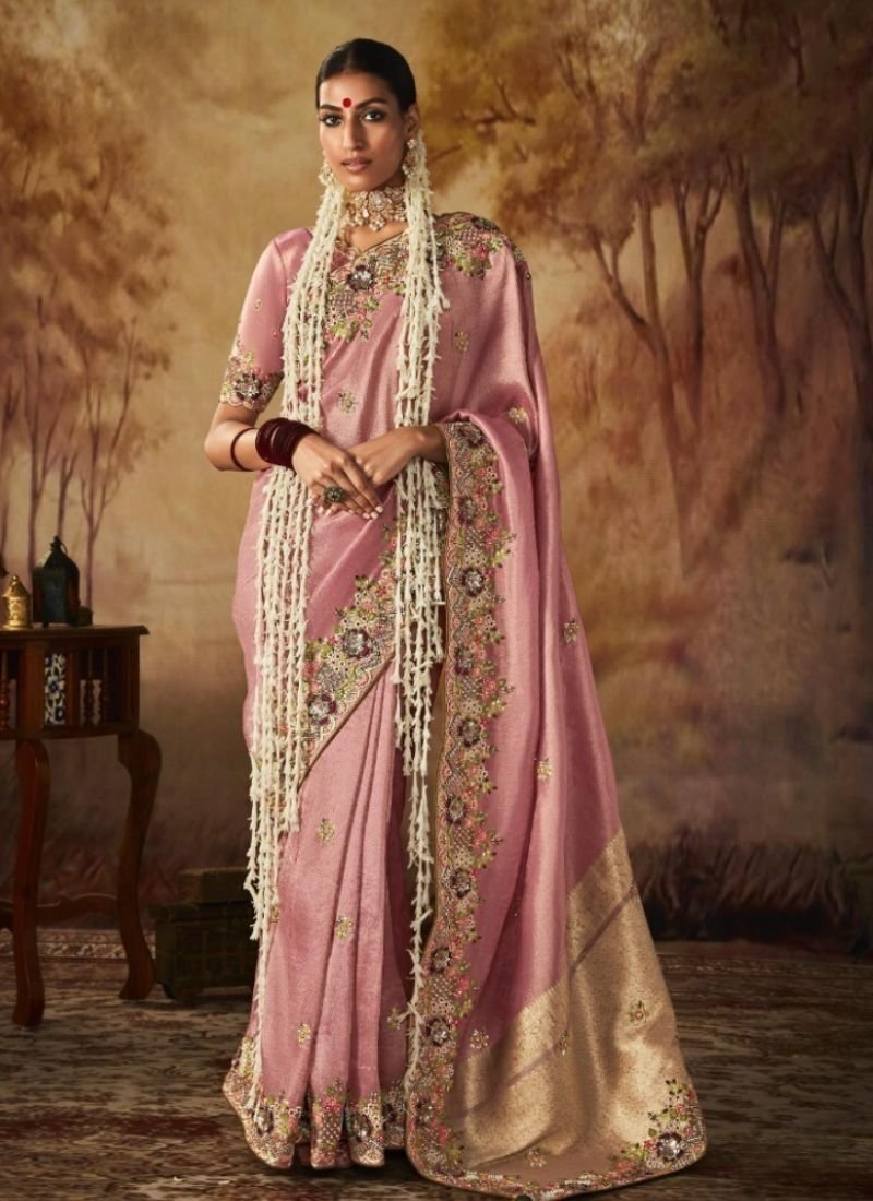 Stylish heavy coding embroidered silk saree in baby pink