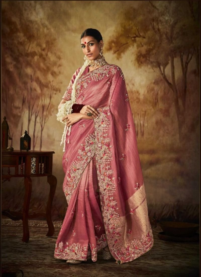 Stylish heavy coding embroidered silk saree in pink