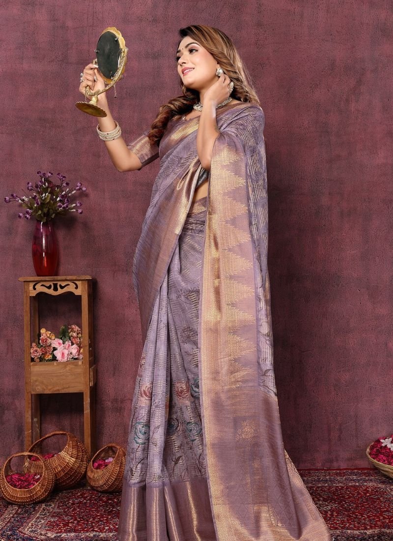 Latest digital printed silk saree in purple