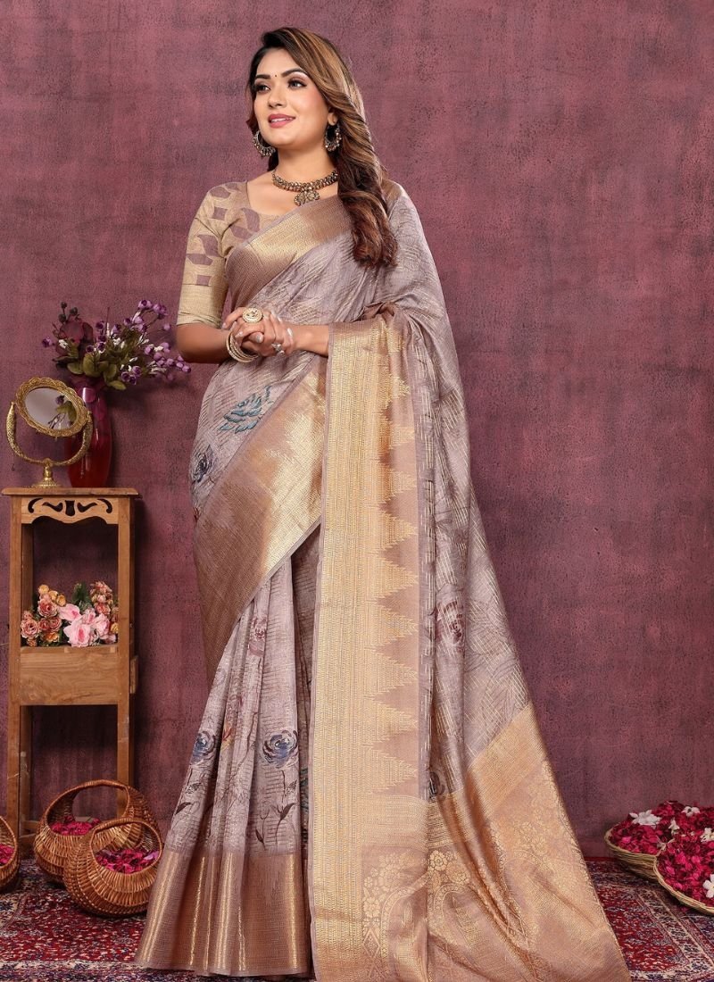 Latest digital printed silk saree in light pink