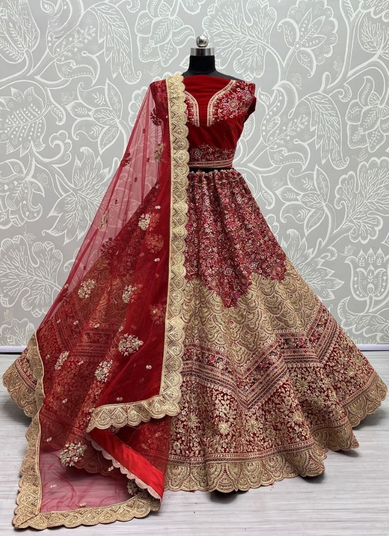 Elegant multi-thread embroidered silk lehenga in red