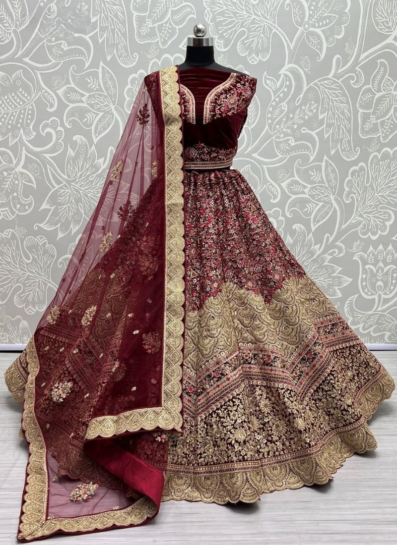 Elegant multi-thread embroidered silk lehenga in maroon