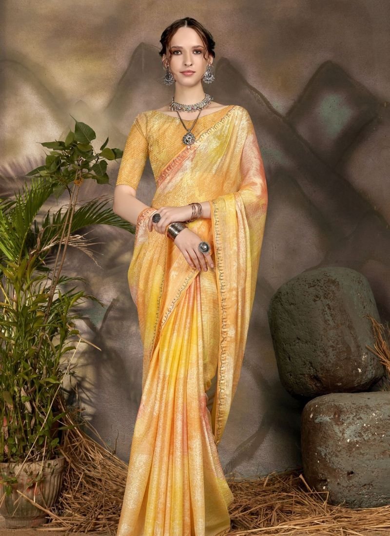 Stunning floral printed brasso saree in yellow