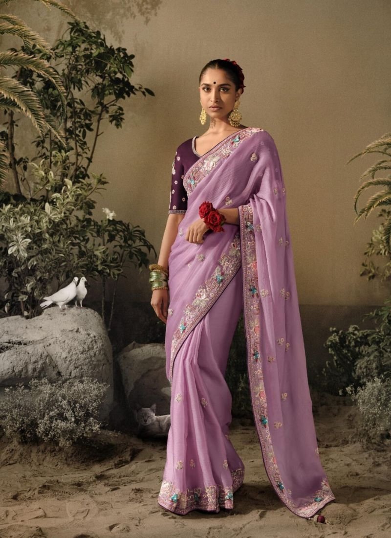 Designer hand-embroidered silk saree in purple