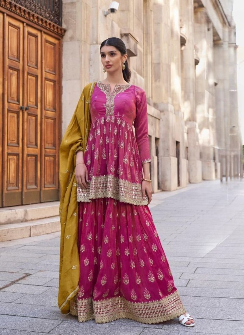 Stunning heavy embroidered sharara suit in pink