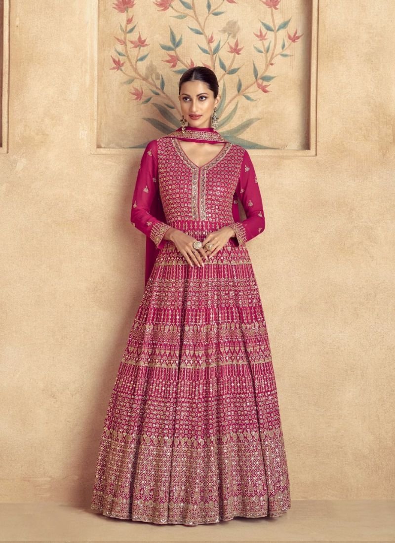 Stylish thread embroidered georgette anarkali suit in pink